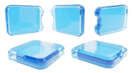 Multiple transparent blue technology interface elements displayed on a white surface showcasing design options for digital user interface