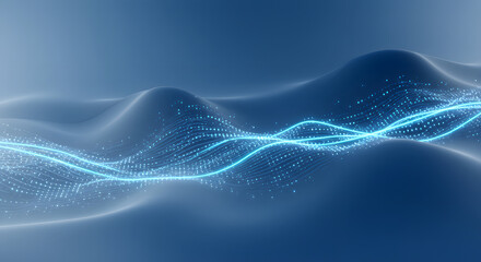 Luminous cyan data streams flowing over undulating blue digital surfaces with particle effects.