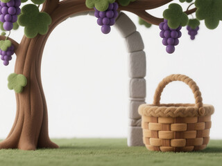 Creative 3D Illustration: Arched Grapevine with Wooden Basket in Felt Texture Effect. Abstract Commercial Background for Financial Technology, Economic Growth, and Business Concepts. Versatile Design 