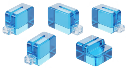 Transparent blue isometric plugs arranged on white background suggesting technology data transfer communication or network connectivity use