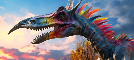 A haunted gothic Parasaurolophus perched on a wind-swept hill art, generative ai