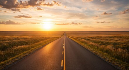 Fototapeta premium Open road towards a golden sunset horizon