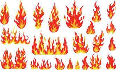 cartoon fire flame vector set, burning bonfire illustrations, hot flame icons collection, flat fire symbols, stock fire graphics 