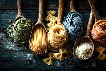 Colorful pasta nests, spaghetti and farfalle are laying on wooden spoons over a rustic blue wooden table, sprinkled with flour and peppercorns, creating an inviting culinary scene
