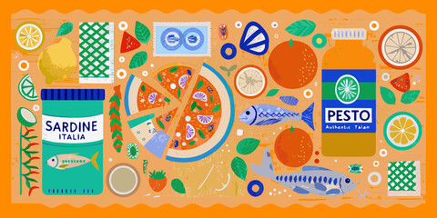 Italian food collage featuring sardines pesto pizza oranges and lemon