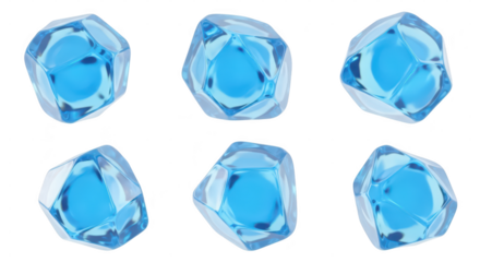 Six translucent blue geometric water droplets floating against a clean white background ideal for representing purity or hydration