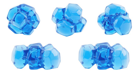 Blue translucent geometric crystal clusters arranged in multiple views on a clean white backdrop used for abstract design or science visuals
