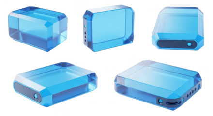 Various angles of a futuristic transparent blue rectangular device showcasing its design on a white backdrop perfect for tech concepts