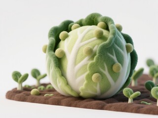 Giant Cabbage with Caterpillars in Vegetable Garden: 3D Felt Texture Illustration. Creative Abstract Commercial Background for Agriculture, Food Industry, and Economic Growth. Unique Design for Poster