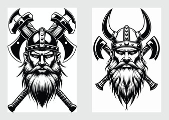 Nordic Viking Head with Double Axe and Horned Helmet in Vintage Vector Style

