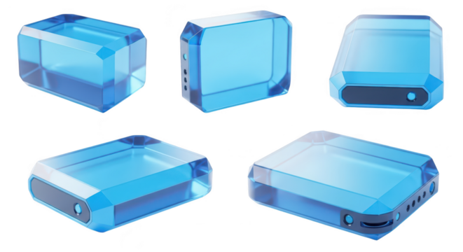 Various angles of a futuristic transparent blue rectangular device showcasing its design on a white backdrop perfect for tech concepts