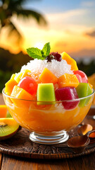 Tropical Fruit Ice Dessert with Mixed Jelly and Sweet Syrup Served in a Beachside Setting