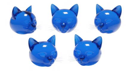 Five translucent blue cat heads floating different views casting shadows white background for 3D model animation or design