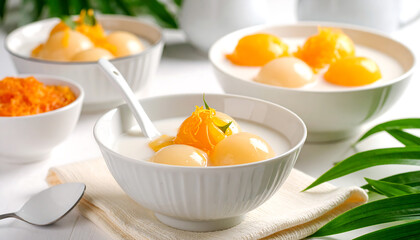 Indonesian Dessert Bubur Sumsum with Palm Sugar Syrup and Coconut Milk in Elegant White Bowl