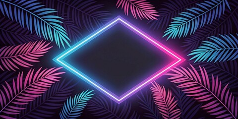Neon tropic. Palm leaves and neon frame for summer night jungle party poster or background. Dark neon tropical illustration for beach nightclub or bar flyer.