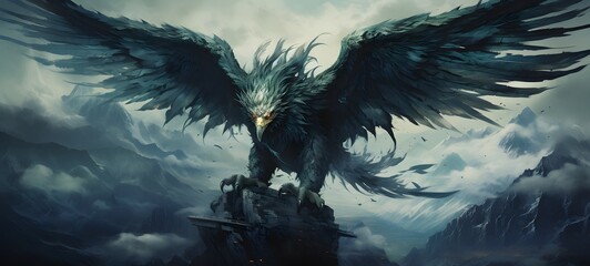 A haunted gothic garuda perched on a wind-swept hill art, generative ai