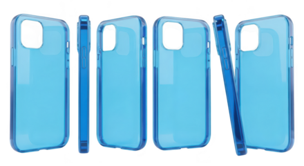 Transparent blue phone cases displayed at different angles against a clean white background perfect for showcasing protection and design