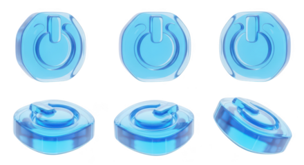 Blue transparent power button icons isolated on white varying angles Digital technology activation concept and design elements for tech visuals