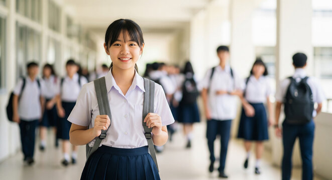 Smiling Asian high school student girl in uniform with a backpack, looking at the camera in a school corridor. Youth and education concept - Powered by Adobe