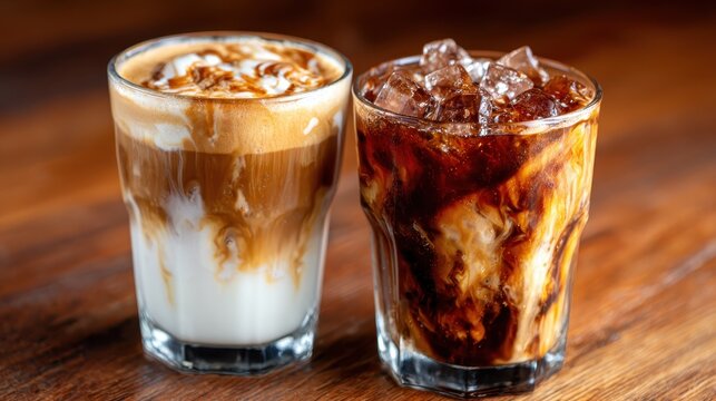 Two delicious coffee beverages, one iced and one creamy, exhibit a perfect blend of flavors to satisfy any coffee enthusiast's cravings for refreshment and taste.