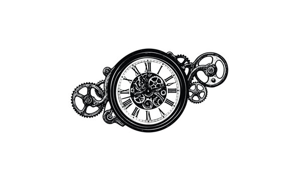Intricate steampunk clock with gears and roman numerals in black and white design. Vector retro hand drawn illustration