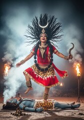 A powerful depiction of goddess kali dancing on shiva, showcasing her divine energy and strength