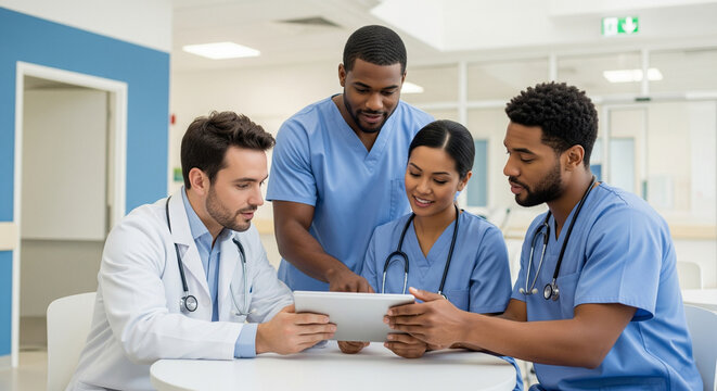 Diverse team of doctors and nurses collaborating with a tablet computer in a hospital. Concept of healthcare, technology, and teamwork