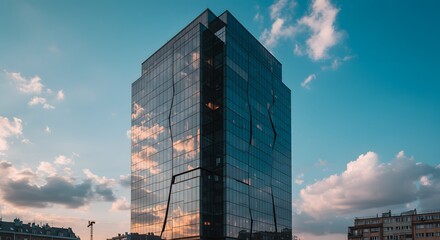 Modern glass skyscraper reflecting clouds and cityscape under a vibrant blue sky.
