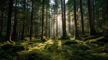 Fototapeta premium Lush Green Forest with Sunlight Rays