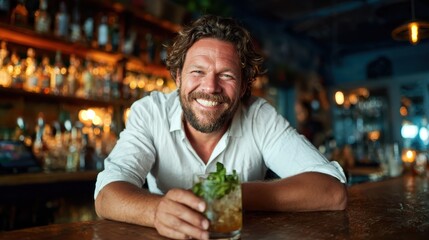 A cheerful bartender sits at a bar, smiling warmly while holding a glass of cocktail adorned with mint leaves, showcasing hospitality and vibrant nightlife.