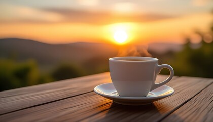 A cup of coffee on a table with a sunset in the background
