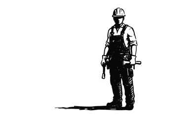 Silhouette of male construction worker with tools in hand. Vector retro hand drawn illustration
