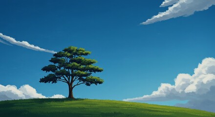 Lone tree on grassy hill under vast blue sky