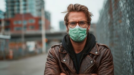 A young man wearing glasses and a green mask stands confidently in an urban setting, embodying resilience and caution in public spaces during challenging times.
