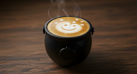 Steaming Latte Art in Cauldron Mug with Smile and Star Design on Wood Table