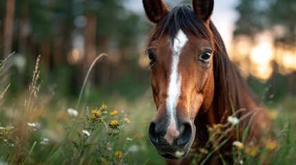 Obraz premium A stunning horse with a shiny coat standing gracefully amidst a blooming field of flowers, exuding grace and beauty against a picturesque natural backdrop.
