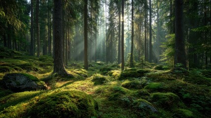 Obraz premium Lush Green Forest with Sunlight Rays