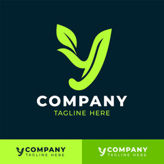 Modern eco logo featuring stylized letter Y with integrated green leaves bold typography and dual background layout for sustainable brand identity  