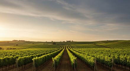 Fototapeta premium Serene vineyard landscape with orderly rows of grapevines glowing in the warm light of dusk.