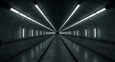 Obraz premium Symmetrical view of a dark tunnel illuminated by bright fluorescent lights, creating a vanishing point perspective.