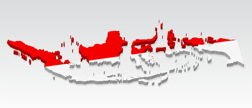 3D  Indonesia map with flag. Three dimensional map of Indonesia with shadow. Flag Indonesia on white background for your design, app, UI.  Stock vector. EPS10. 