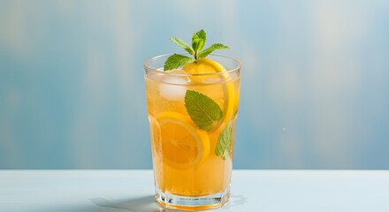 Fototapeta premium A tall glass of refreshing cold iced tea or lemonade with lemon slices, ice cubes, and a fresh mint garnish. Summer drink on a blue background