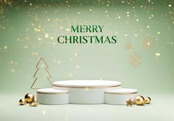 Christmas three white podium for products showcase, promotional sale on green background