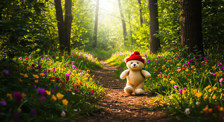 Teddy bear on a forest path with wildflowers.