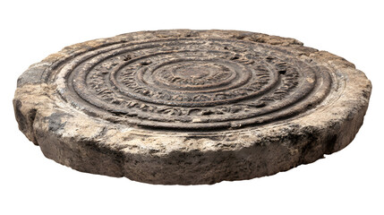 Antique stone drain cover, circular, weathered texture, isolated on Transparent background