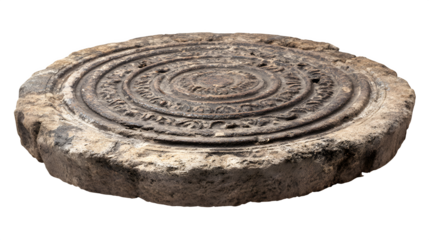 Antique stone drain cover, circular, weathered texture, isolated on Transparent background