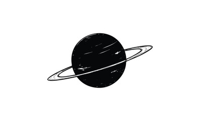 Retro black and white saturn with rings illustration on white background. Vector retro hand drawn illustration