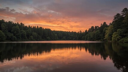 Fototapeta premium A serene sunset over a tranquil lake, reflecting vibrant colors of the sky amidst lush green trees.