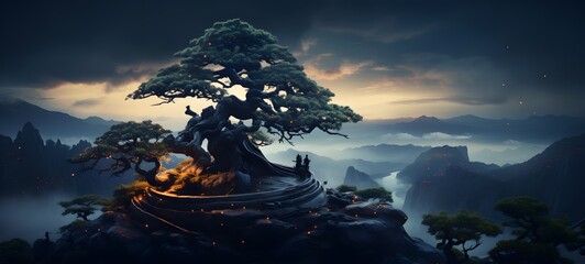 A haunted gothic bonsai perched on a wind-swept hill art, generative ai