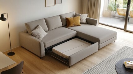 Sectional sofa with a pull-out bed, light beige upholstery, modern living room